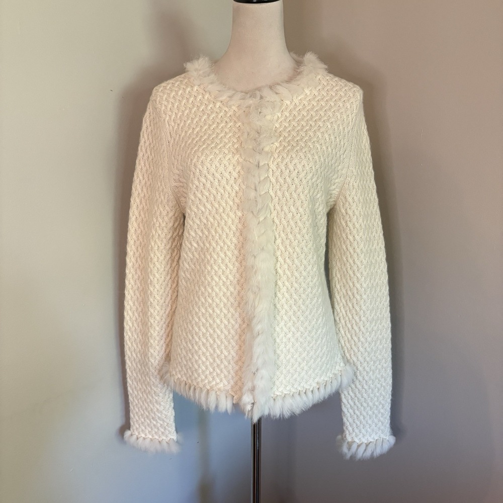 VTG Y2K Jones New York Cream Angora Wool Cardigan Rabbit Fur Trim Jacket Large